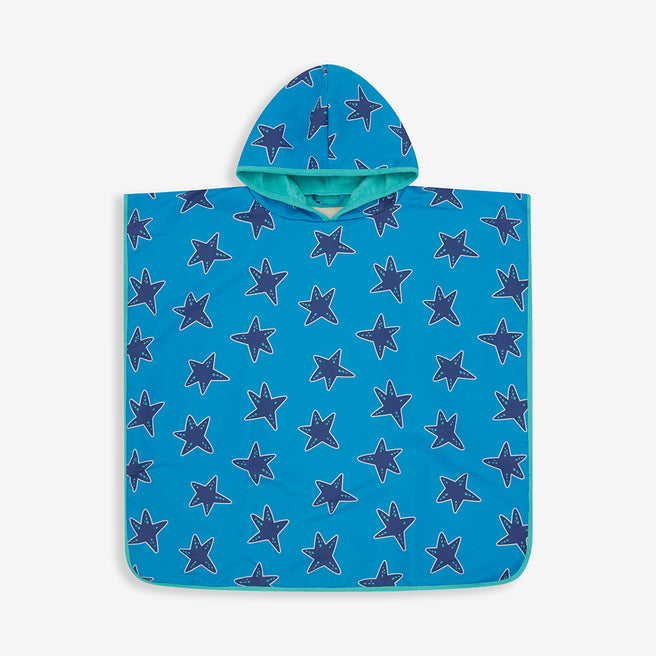 Blue starfish Beach Towel Poncho featuring a hood and turquoise trim, perfect for staying cosy after a swim.
